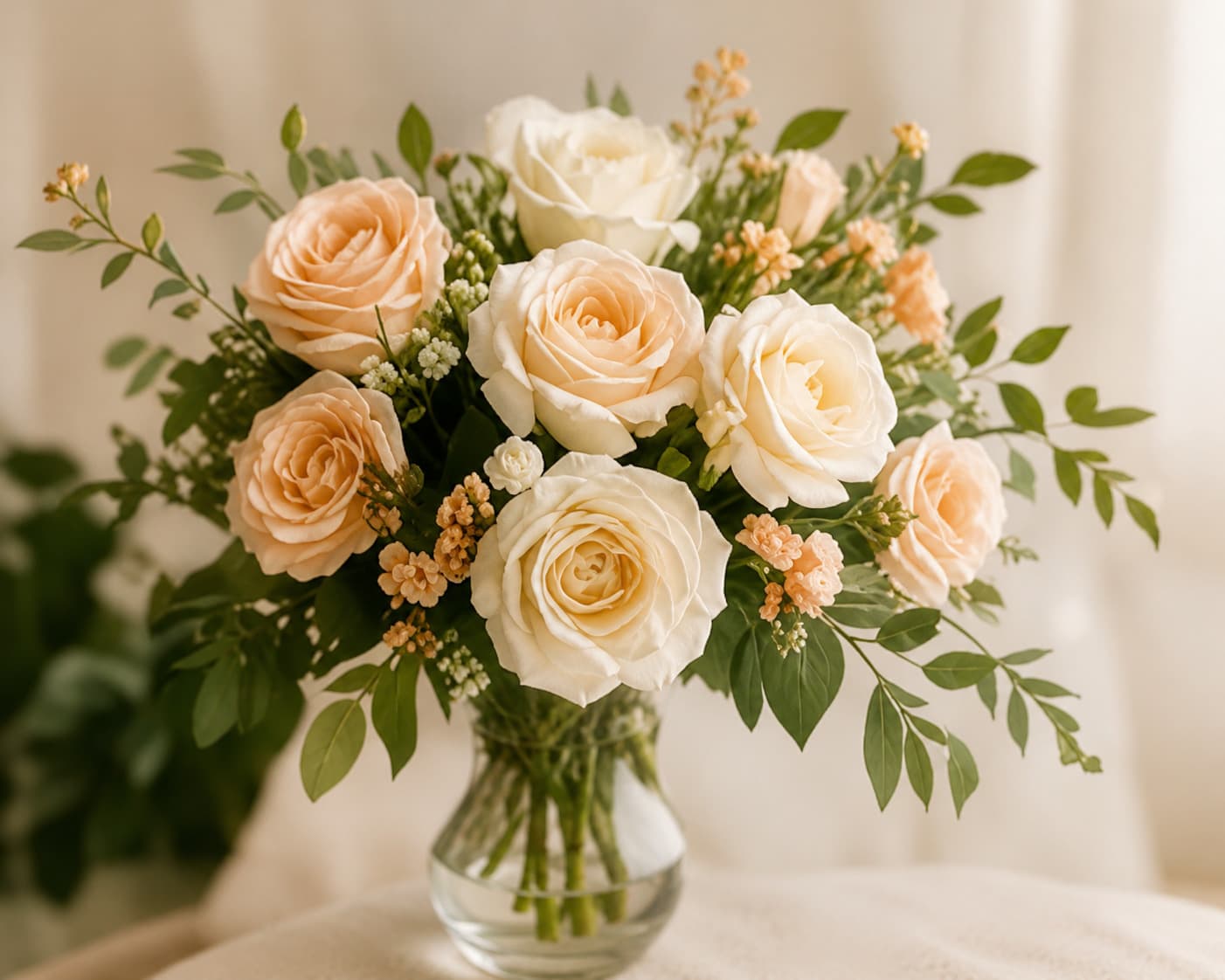 A bouquet of cream and peach roses with greenery