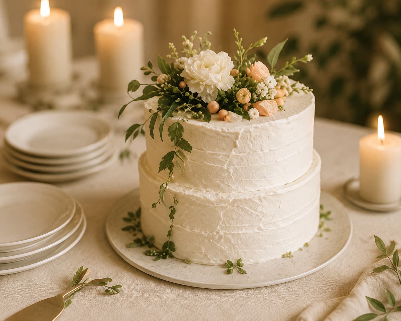 A two-tier wedding cake decorated with flowers and greenery