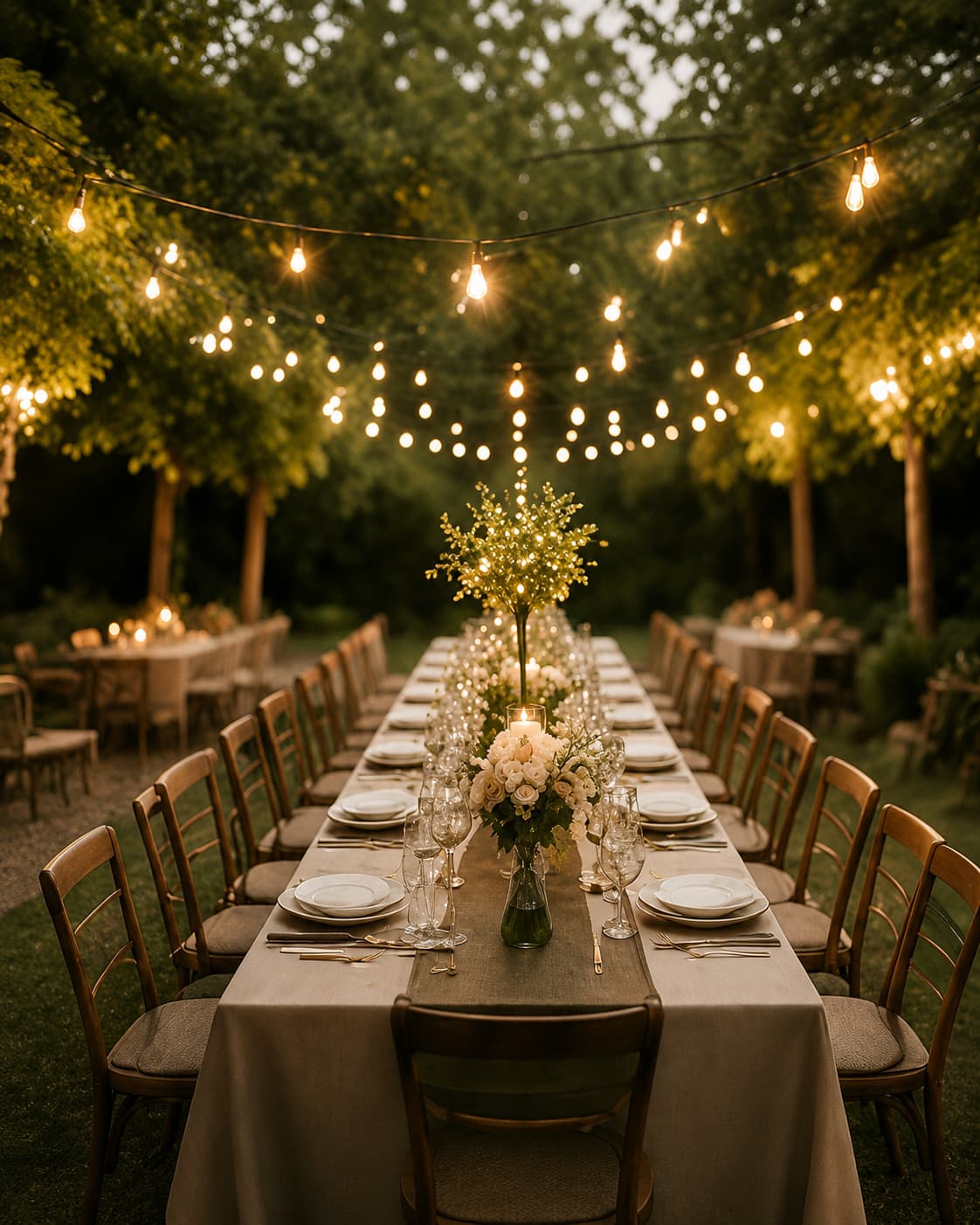 An outdoor celebration dinner table lit by string lights at dusk
