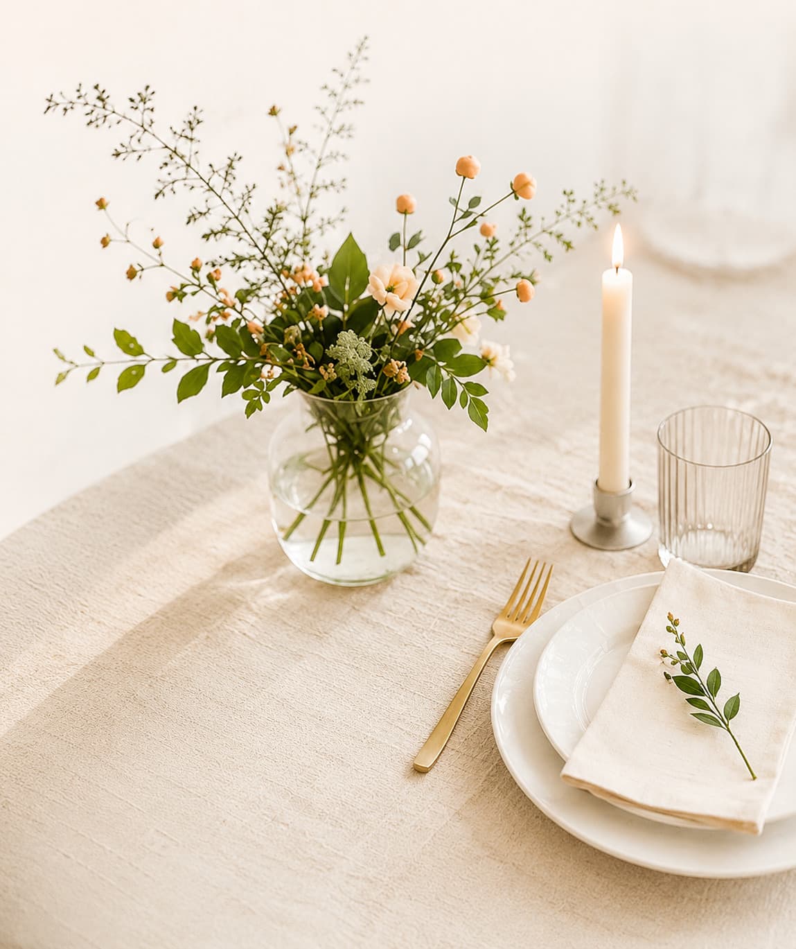 An elegant table setting with a wildflower arrangement, candle and place setting